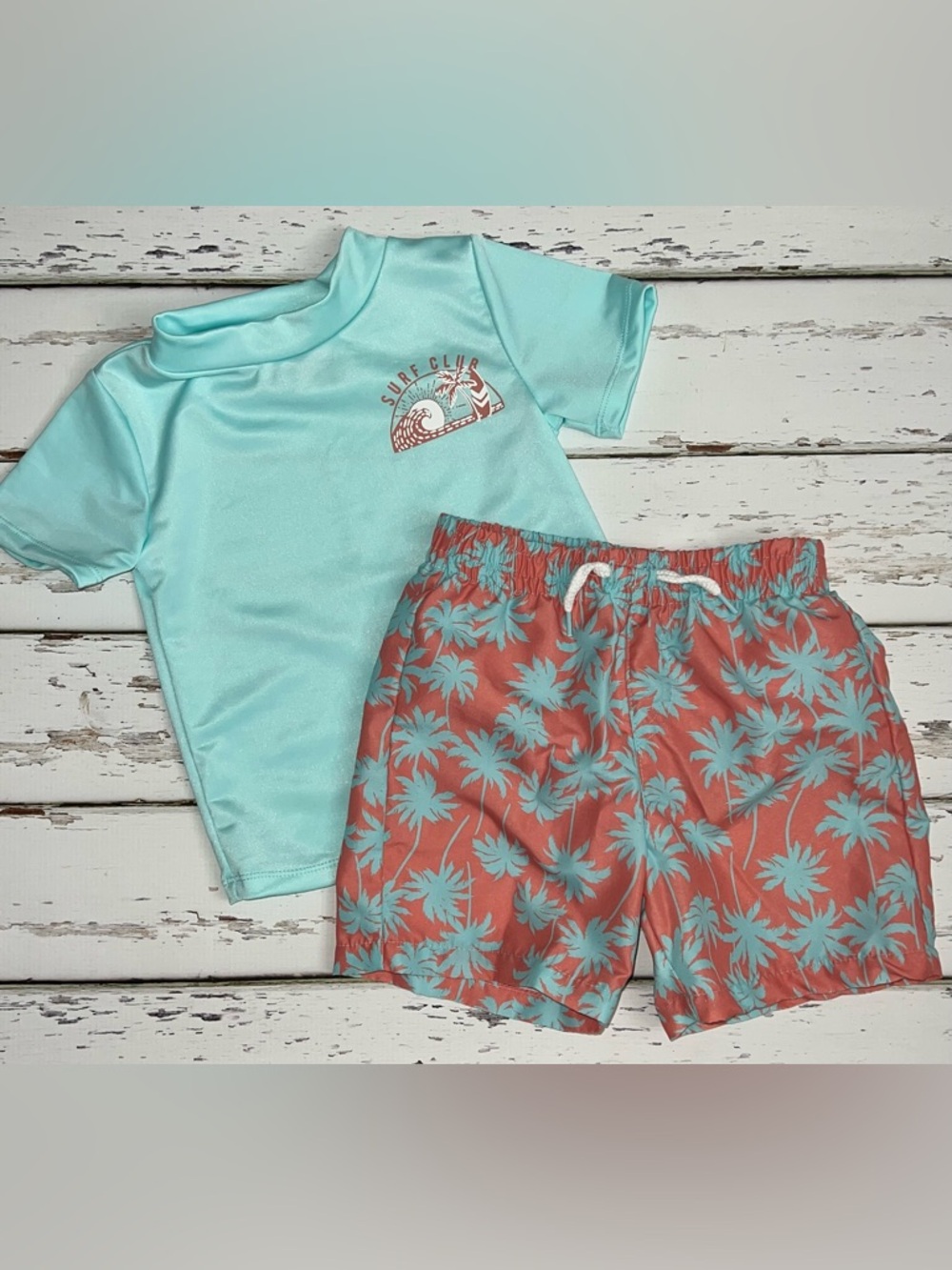 Surf Club Aqua Rash Guard & Coral Palm Swim Shorts